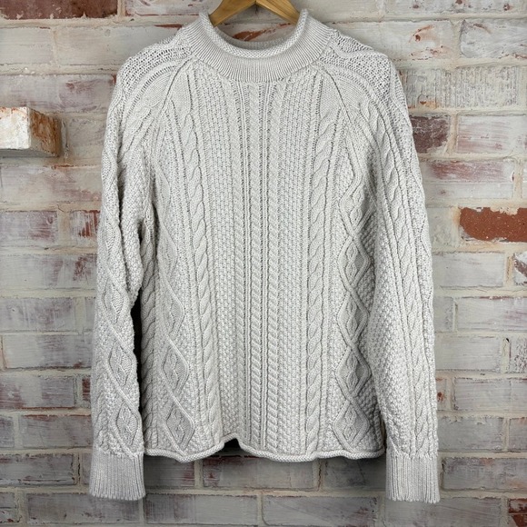 J. Crew Other - J.Crew Always Oatmeal Cotton Cable Knit Fisherman Sweater Chunky Mock Neck L